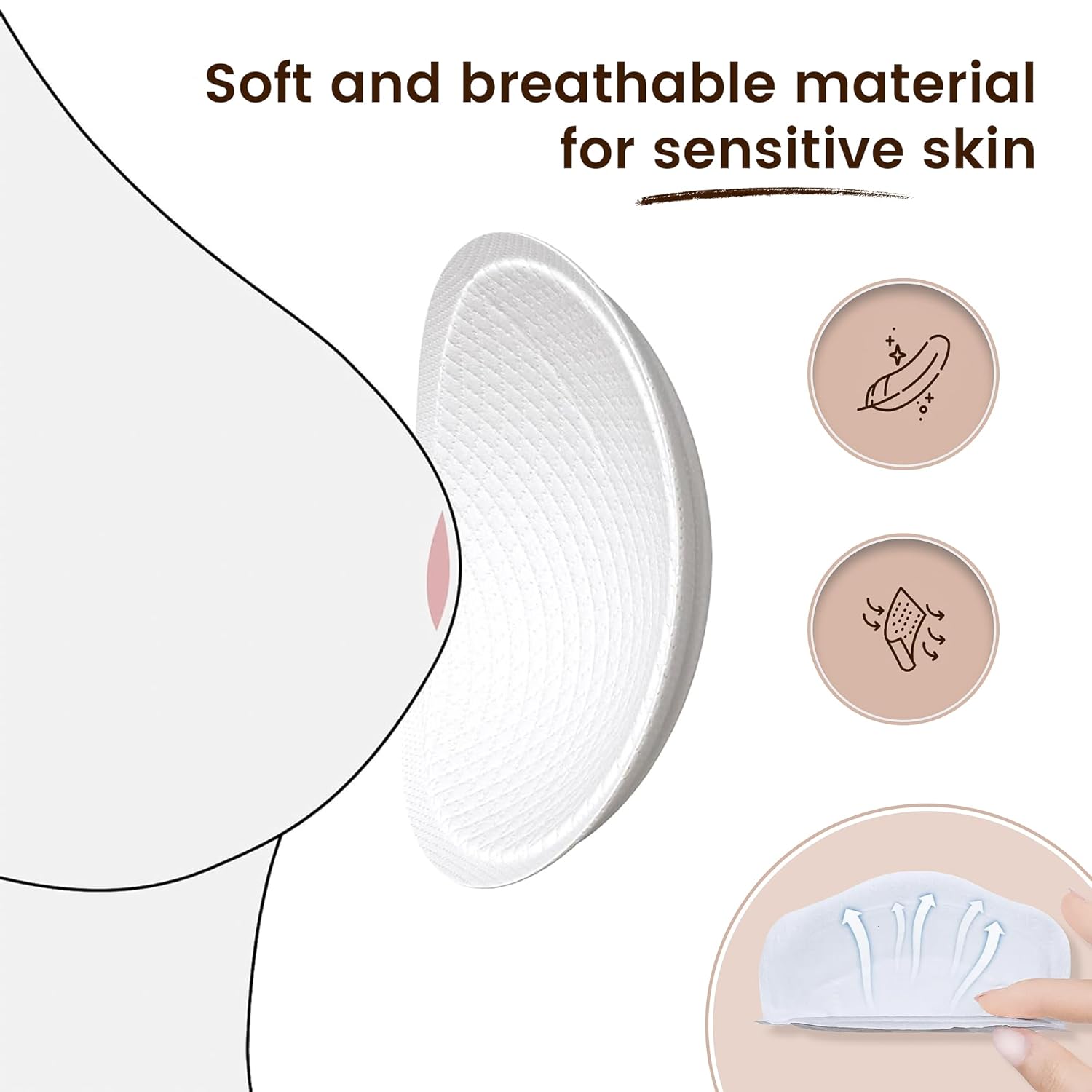 →Top view of breathable disposable nursing pad designed for sensitive skin and all-day dryness.