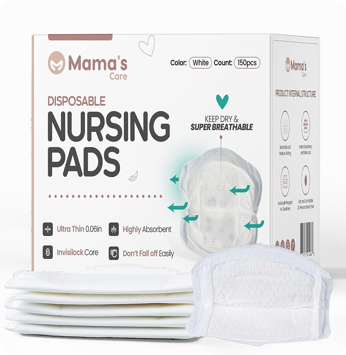 Mama’s Care disposable nursing pads with packaging box—150 count for daily use.